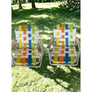 Vtg PAIR Aluminum Webbed Folding Lawn Chair multi color Beach Pool